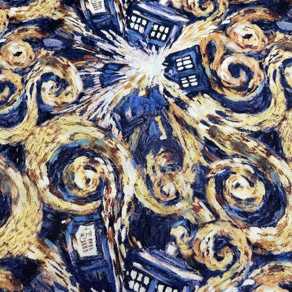 Doctor Who Exploding Tardis  Vincent Van Gogh Starry Night Inspired Cotton Fabric 2012 Springs Creative CP51564   Rare   Hard To Find