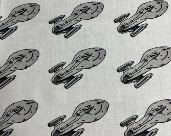 Star Trek Ship Voyager Gray on White Background  Cotton Fabric
