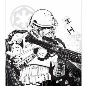 May include: Black and white illustration of a Stormtrooper from Star Wars, holding a blaster rifle. The image features the Imperial symbol and the text "II". The artwork has a comic book style.