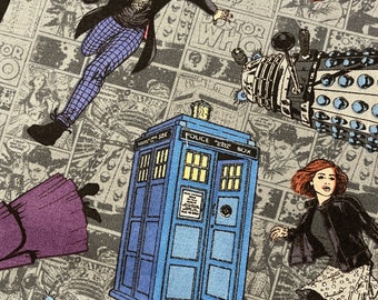 May include: A colorful fabric featuring a comic book style pattern of Doctor Who characters, including the Doctor, a Dalek, and a TARDIS. The background is a gray and white comic book style pattern.