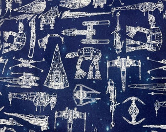 Star Wars Ships Schematics Panel – Blue Galaxy Cotton Fabric – Millennium Falcon AT‑AT X‑Wing – Sci-Fi Quilt Fabric – Same Day Shipping*
