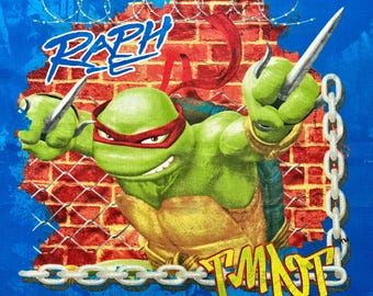 May include: A graphic of Raphael from Teenage Mutant Ninja Turtles. The green turtle is wearing a red mask and holding two sai. The word "Raph" is above the turtle, and "TMNT" is below. The background is a brick wall and blue.