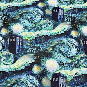 May include: A fabric design with a swirling night sky in blue, green, and yellow, in the style of Van Gogh. The pattern includes blue police box designs, blending art with a pop culture theme. A unique and eye-catching design.