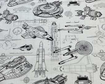 Starship Schematic Star Trek Cotton Fabric | White and Black Cotton | Digitally Printed | Sci Fi Quilt Cotton | Sci Fi Spaceships Blueprint