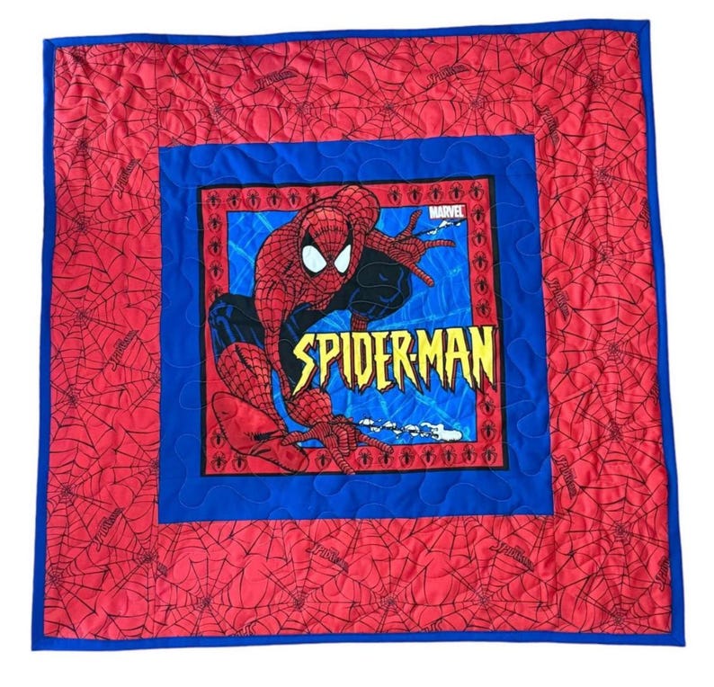 Spiderman 2004 Comic Cotton Fabric Panel | 21" X 17" Blue Action Pose ...