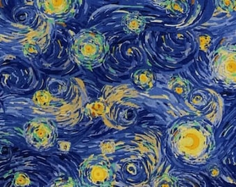 Starry Night Fabric Cotton Quilting Fabric Blue Yellow Swirls Van Gogh Inspired Fabric for Quilts, Sewing, Crafts  In Stock Ships From USA