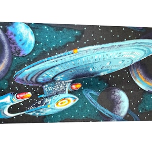 1995 Star Trek TNG Fabric Panel | USS Enterprise-D Galaxy Scene | 45” x 27” Cotton | Quilt or Wall Art | Rare OOP | Free U.S.A. Shipping