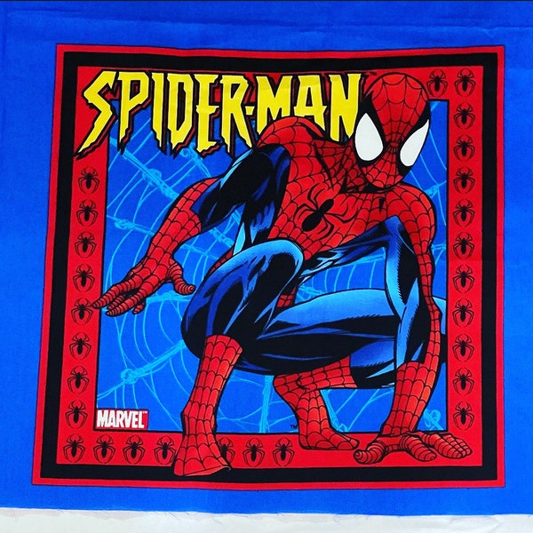 Spiderman Cotton Fabric Panel 2004-Style 9895  Hard to Find Panel 21” W X 17” H Spiderman Shooting a White Web- Within a Black Wonky Border