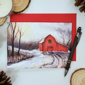 Karta świąteczna Red Barn, Oryginalna papeteria akwarelowa, Kartki świąteczne w stylu rustykalnym,
