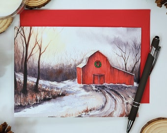 Biglietto di auguri Red Barn, carta da lettere originale con acquerello, biglietti di auguri natalizi in stile country,