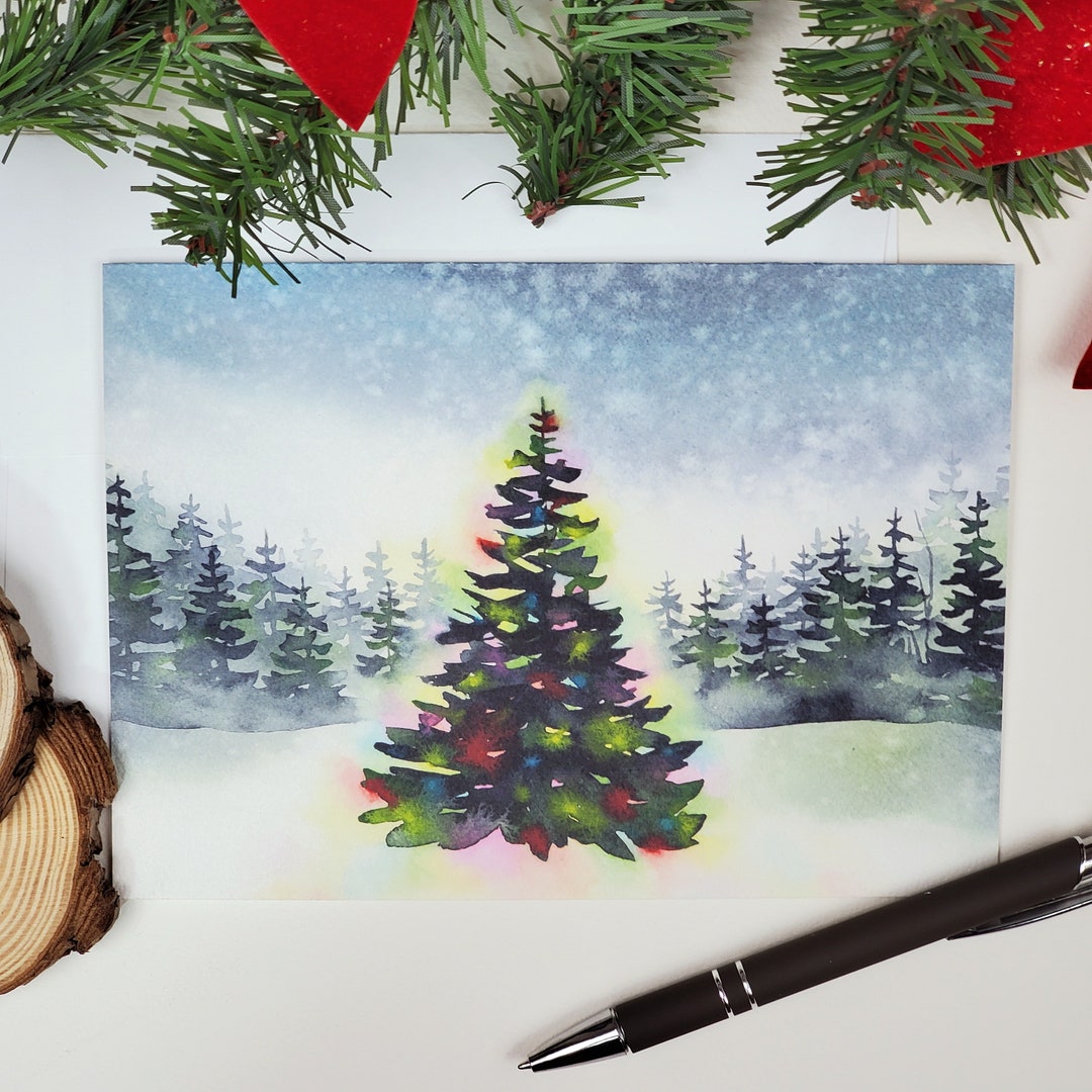 Magic in the Forest Watercolor Christmas Tree Card, 5"x7" Holiday ...