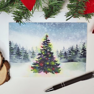 Magia w lesie akwarela choinka karta, 5"x7" świąteczna kartka z pozdrowieniami