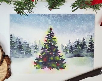 Biglietto di auguri natalizio "Magic In The Forest" con albero di Natale in acquerello, 5"x7"