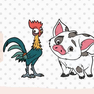 Könnte beinhalten: Eine Cartoon-Illustration eines Hahns und eines Schweins. Der Hahn ist blau, gelb und rot. Das Schwein ist weiß mit grauen Flecken und rosa Ohren.