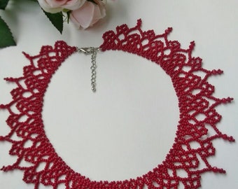 Red geometrical beaded necklace made of Czech beads, collar necklace, gift for her