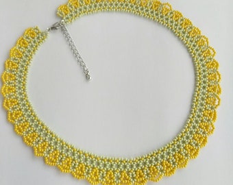 Olive and yellow geometrical beaded necklace made of Czech beads, collar necklace, gift for her