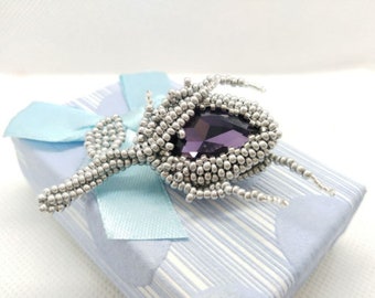 Purple and silver brooch in flower rose form, gift for her, statement brooch made of Czech beads and crystal, mom brooches