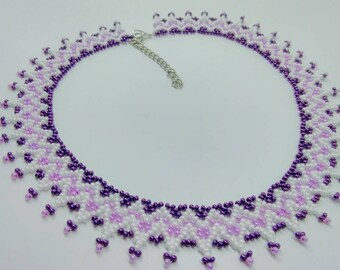 Narrow levander plum white beaded necklace, violet grapes collar made of Czech glass beads, gift for her, purple choker