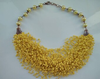 Yellow illuminating sunny multi strand necklace,  gift for her crochet necklace like perl, colour trend