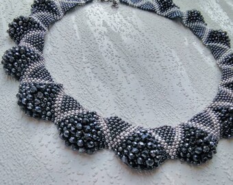 Black hematite silver geometrical beaded collar made of Czech beads, exquisite necklace for the party, gift for her, graduation ceremony