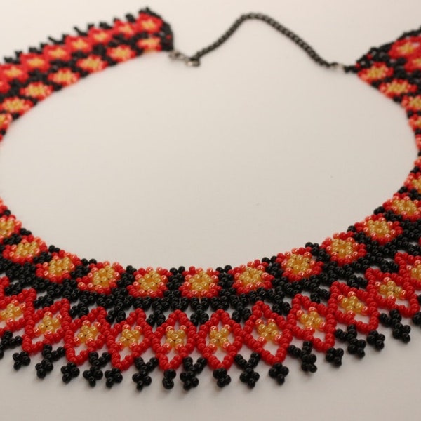 Black red yellow beaded geometrical necklace made of Czech beads, seed beads collar, gift for her, traditional Ukrainian krywulka