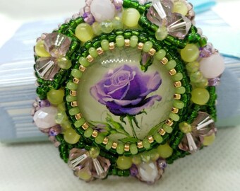 Green and purple floral embroidered brooch made of Czech beads and Austrian crystals, beaded brooch with purple rose, gifts for her