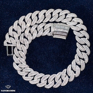 Łańcuszek Moissanite Baguette Miami Cuban o średnicy 19 mm, wypełniony złotem 14-karatowym, kolor VVS1 D, łańcuszek Iced Out, Hiphop, tester diamentów Pass, ręcznie robiony, srebro 925