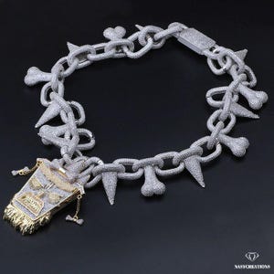 Tiki Head Link Moissanite Chain, VVS1 D Color Diamond, Iced Out Chain, Pass Diamond Tester, Ręcznie robiony naszyjnik Bling Birthday Gift 925 Silver