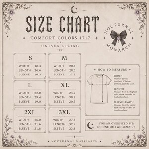 May include: A beige size chart for Comfort Colors 1717 unisex t-shirts featuring a Nocturnal Monarch logo, a bow icon, and a diagram showing how to measure width, length, and sleeve length in inches for sizes S through 3XL with an oversized fit note.