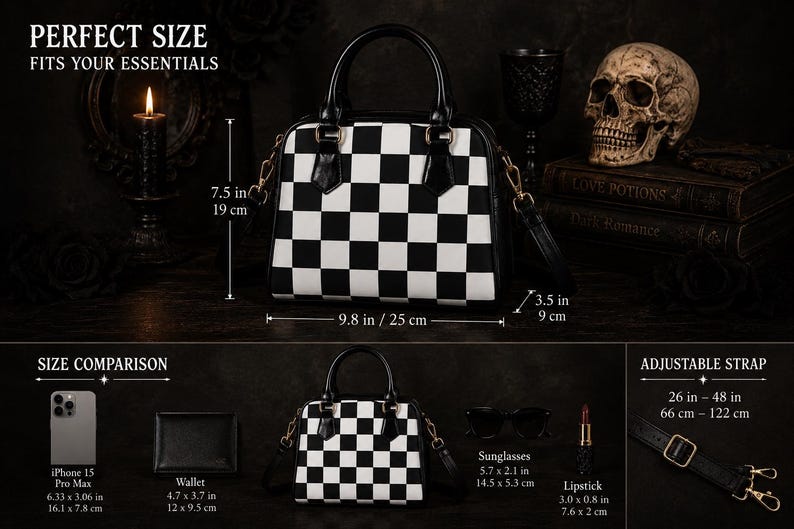 Black and White Checkered Purse, Checkerboard Shoulder Bag, Goth ...