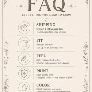 May include: A beige informational graphic titled FAQ Everything You Need To Know, featuring floral borders and five circular icons representing categories: Fit, Feel, Print, and Color. The text details garment specifications and quality standards.