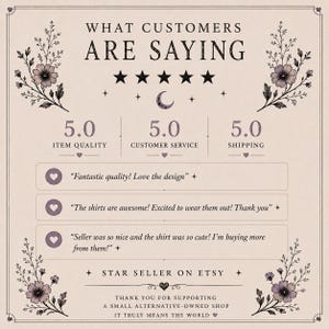 May include: A beige customer review graphic featuring the text WHAT CUSTOMERS ARE SAYING, five stars, and three 5.0 ratings for item quality, customer service, and shipping. It includes three positive customer quotes and the text STAR SELLER ON ETSY.