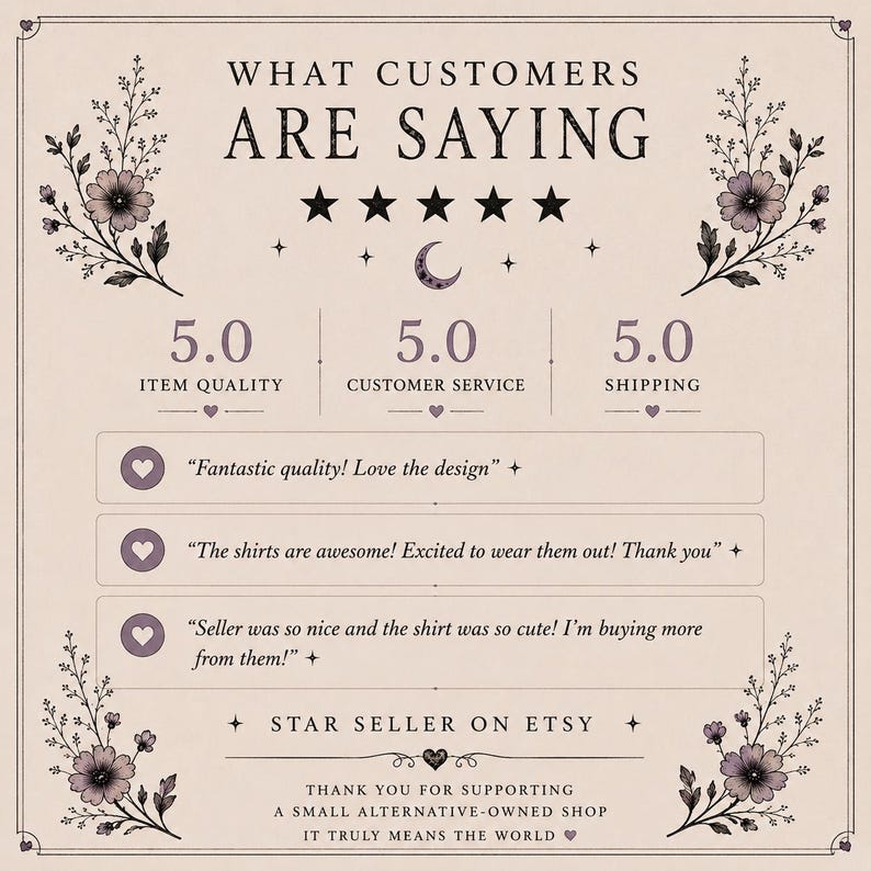 May include: A beige customer review graphic featuring the text WHAT CUSTOMERS ARE SAYING, five stars, and three 5.0 ratings for item quality, customer service, and shipping. It includes three positive customer quotes and the text STAR SELLER ON ETSY.