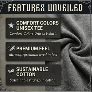 Op de afbeelding: Een grijs t-shirt met een textuurrijk stoffen oppervlak naast een lijst met de titel FEATURES UNVEILED. De tekst benadrukt Comfort Colors Unisex Tee, Premium Feel met een ultrazacht gevoel en Sustainable Cotton van ring-spun katoen.