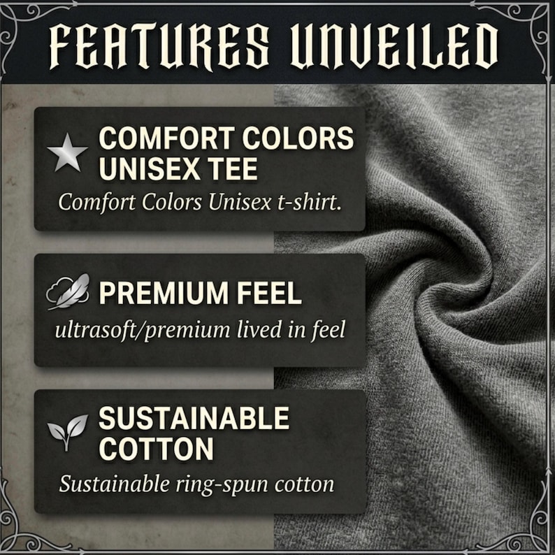 Op de afbeelding: Een grijs t-shirt met een textuurrijk stoffen oppervlak naast een lijst met de titel FEATURES UNVEILED. De tekst benadrukt Comfort Colors Unisex Tee, Premium Feel met een ultrazacht gevoel en Sustainable Cotton van ring-spun katoen.