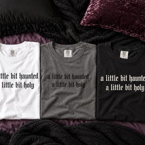 Op de afbeelding: Drie t-shirts met ronde hals in wit, antracietgrijs en zwart. Elk shirt is voorzien van de tekst 'a little bit haunted a little bit holy' gedrukt in een zwart of wit gotisch lettertype op de borst, met een zichtbaar merklabel bij de hals.