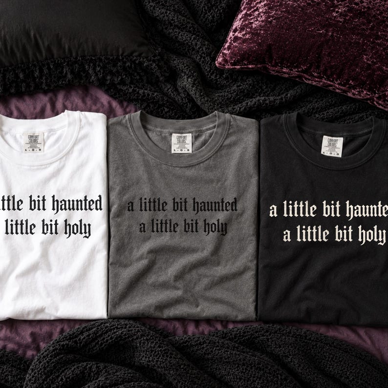Op de afbeelding: Drie t-shirts met ronde hals in wit, antracietgrijs en zwart. Elk shirt is voorzien van de tekst 'a little bit haunted a little bit holy' gedrukt in een zwart of wit gotisch lettertype op de borst, met een zichtbaar merklabel bij de hals.