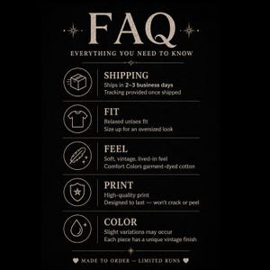 Op de afbeelding: Een zwarte informatieve afbeelding met de titel FAQ Everything You Need To Know. Het bevat vijf ronde iconen voor verzending, pasvorm, gevoel, print en kleur, elk vergezeld van beschrijvende tekst over de details van het kledingstuk.