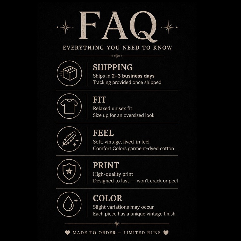 Op de afbeelding: Een zwarte informatieve afbeelding met de titel FAQ Everything You Need To Know. Het bevat vijf ronde iconen voor verzending, pasvorm, gevoel, print en kleur, elk vergezeld van beschrijvende tekst over de details van het kledingstuk.