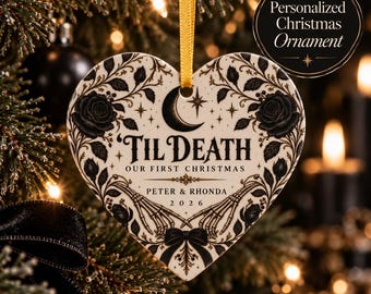 Personalized First Christmas Ornament, Gothic Couple Ornament, Newlywed Christmas Gift, Custom Names & Year, Til Death Heart Ornament