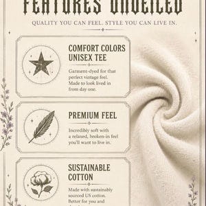 May include: An informational graphic titled FEATURES UNVEILED with a cream-colored fabric swatch. It lists Comfort Colors Unisex Tee, Premium Feel, and Sustainable Cotton with icons of a star, feather, and cotton flower, plus the text Nocturnal Matriarch.