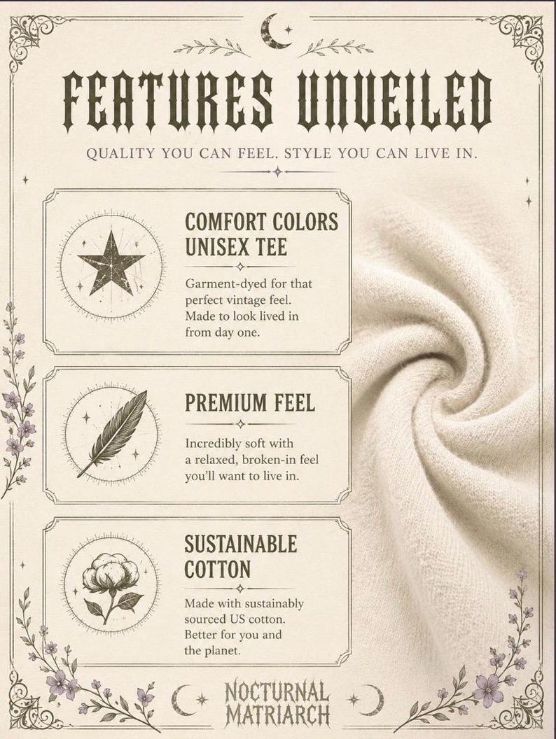 May include: An informational graphic titled FEATURES UNVEILED with a cream-colored fabric swatch. It lists Comfort Colors Unisex Tee, Premium Feel, and Sustainable Cotton with icons of a star, feather, and cotton flower, plus the text Nocturnal Matriarch.