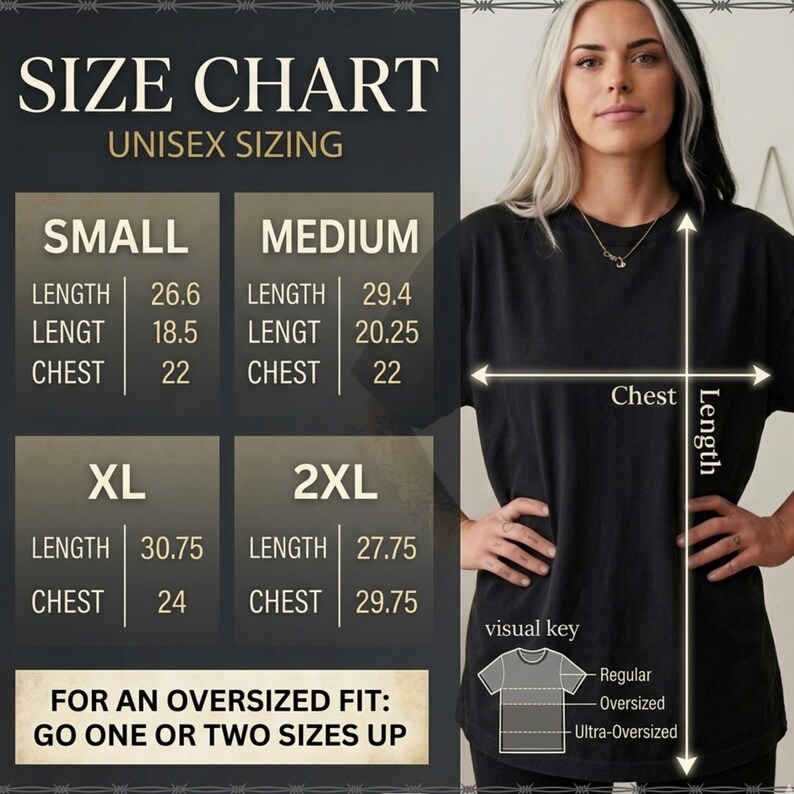 Op de afbeelding: Een maattabel voor een zwart t-shirt met unisex maten voor small, medium, XL en 2XL. De tabel toont lengte- en borstmaten in inches. Een visuele sleutel illustreert de regular, oversized en ultra-oversized pasvormen voor het t-shirt.