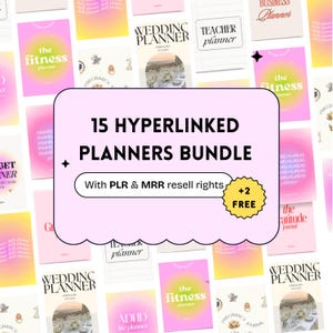 Puede incluir: Una colección de planificadores coloridos, incluyendo planificadores de fitness, bodas y negocios. El gráfico central dice "15 Hyperlinked Planners Bundle" con "With PLR & MRR resell rights" y "+2 FREE".