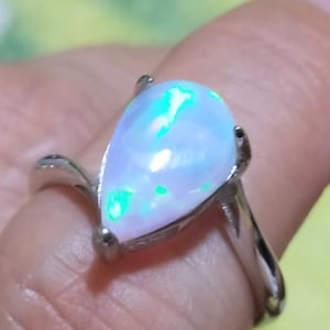 On-Sale-Net-hkD215.28-925 Silver-Rhodium-Plated-Opened-Size-Ring-Excellent-Bright(8x12mm)Pear-Synthetic Opal-Rainbow-Color-Free Shipping