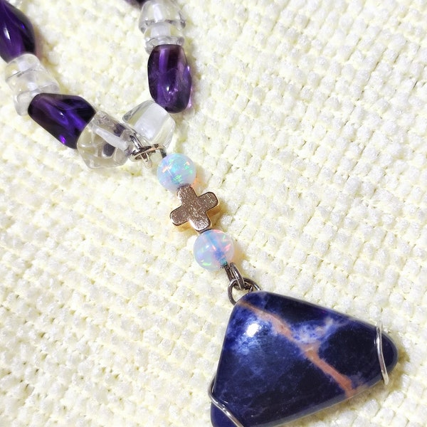 On-sale-HKd168-Hand-wrapped-Natural Sodalite Pendant-Amethyst+Crystal Beads Necklace-Good-Healing Natural Crystal-Free Shipping