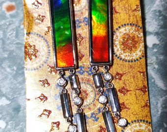 28%Off-coupon-2026XMASOFF=Net HKd2,016.-925 Silver Earrings-Excellent Ammolite(Rectangle 26x5MM)Unique Rainbow Color-Free Shipping