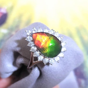 Discout Use-Coupon=XMAS25OFF-Open-Ring-925 Silver-Ring-Excellent-AAA Top-Flash(8x12mm)Pear-Ammolite Facetted Cut-Unique-Design)Free Shipping
