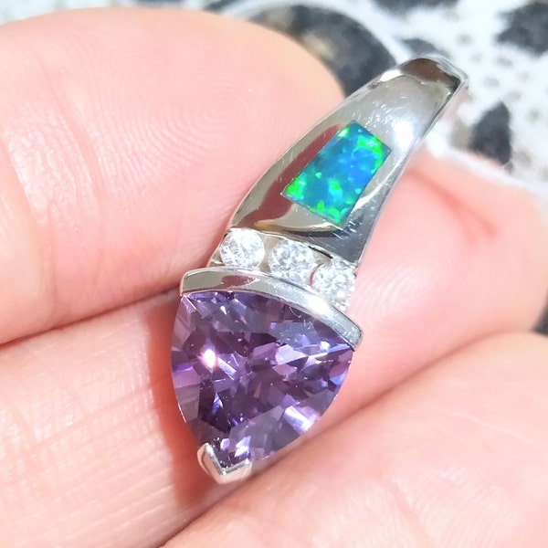 Special Price hkD368-Top-Bright Crystal and-Deep-Purple-Trilliant-Amethyst-925 Silver Rhodium-Plated Synthetic Opal Pendant-Free Shipping