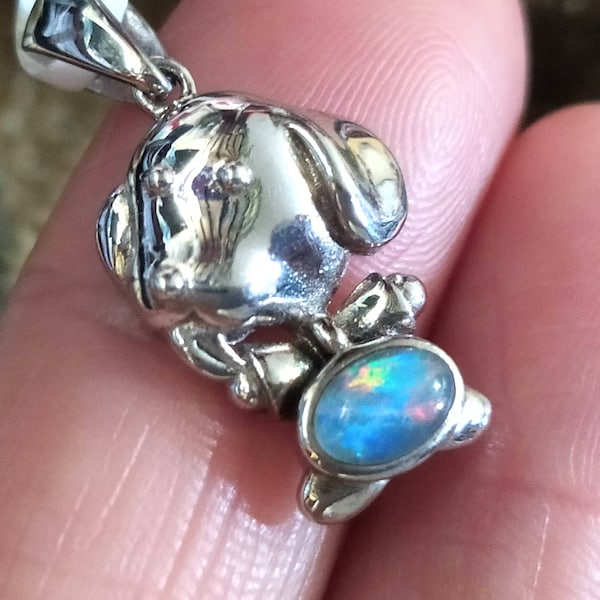 On-Sale-Net-hkD98.-925 Silver Rhodium-Plated Pendant(Cartoon-Adorable-Dog-Natural OPAL Triplet Oval 4x6 mm-Rich-Rainbow-Fire-Free Shipping